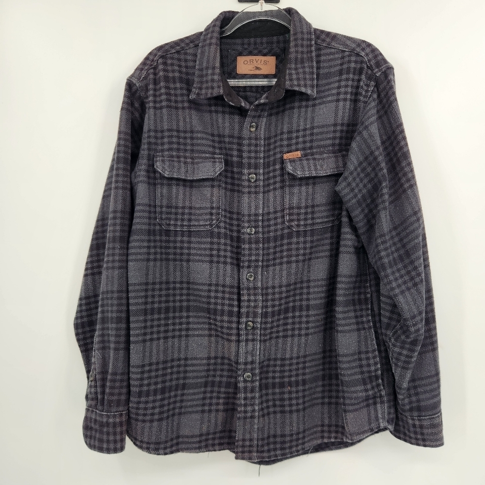 Orvis Heavyweight Double Brushed Flannel Shirt Jacket Mens Size Large Black Gray